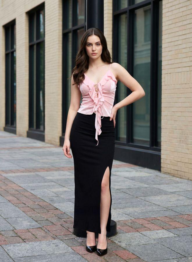 Freehand Women Fitted Solid Halter Neck Sleeveless Ruffled Top - Image 5